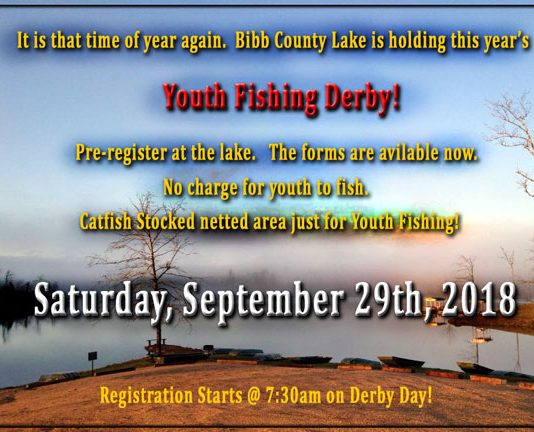 FREE!! @ The Bibb County Lake – YOUTH FISHING DERBY!!