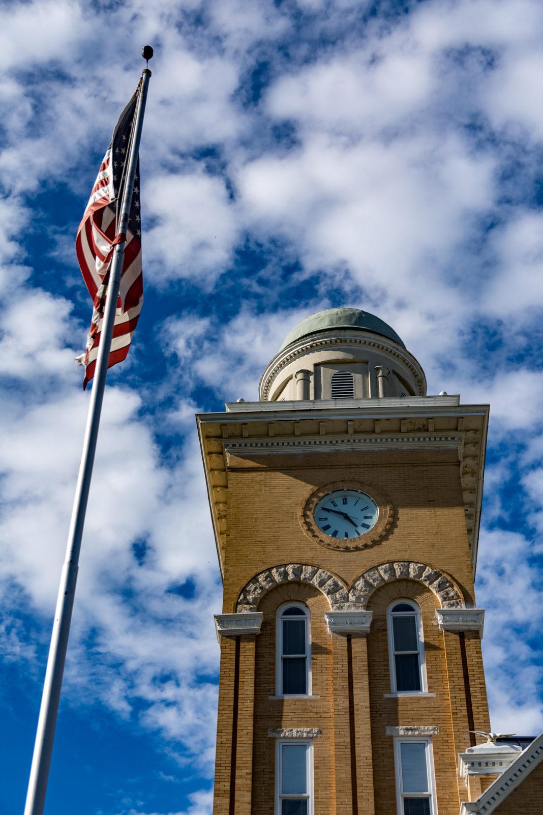 The clock tower of the Bibb County Courthouse.