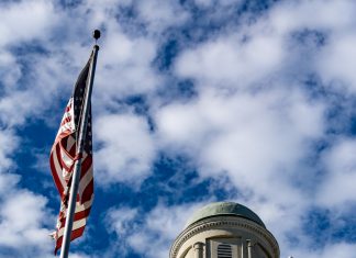 The clock tower of the Bibb County Courthouse.