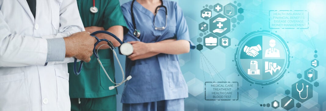 Health Insurance Concept - Doctor in hospital with health insurance related icon graphic interface showing healthcare people, money planning, risk management, medical treatment and coverage benefit.